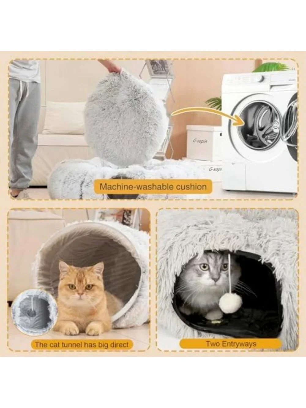 Cozy Cat Tunnel Bed with Washable Cushion - Cute Round Pet Play Toy for Kittens